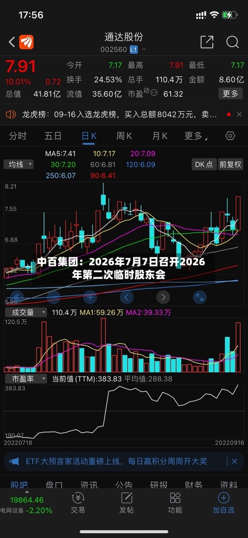 中百集团:2026年7月7日召开2026年第二次临时股东会